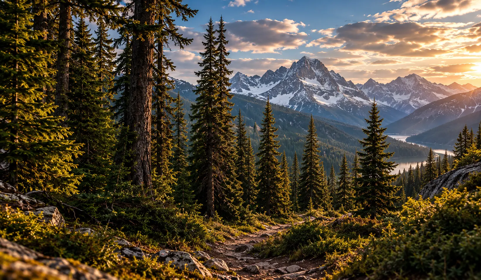 Forest hiking trail leading toward a lake and alpine peaks at sunset