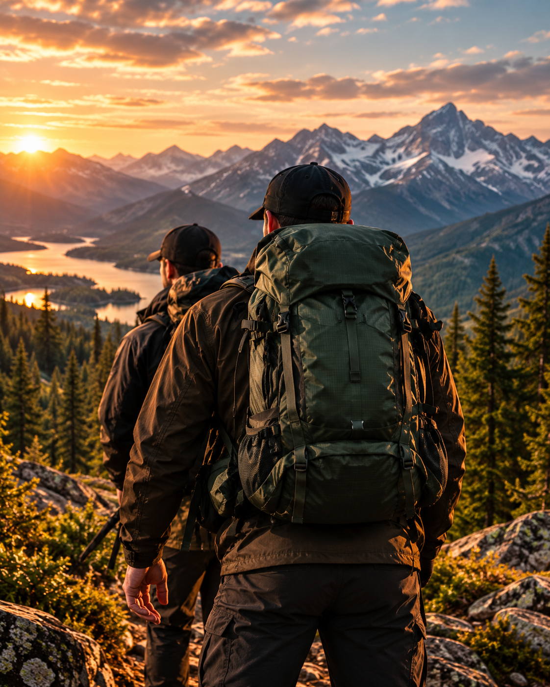 Two hikers carrying large backpacks above an alpine lake and snow-covered mountains