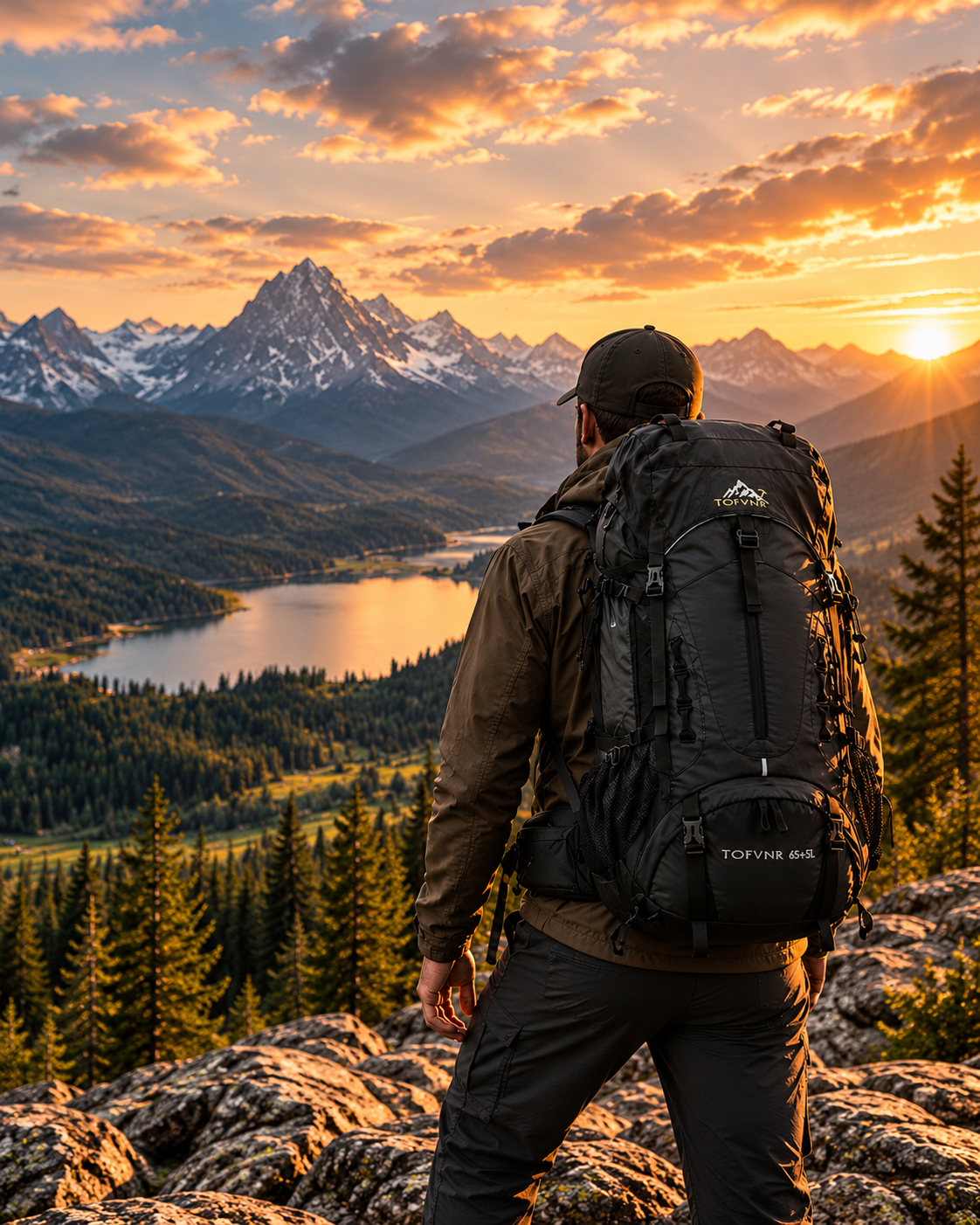 Backpacker looking across an alpine lake toward mountains at sunset