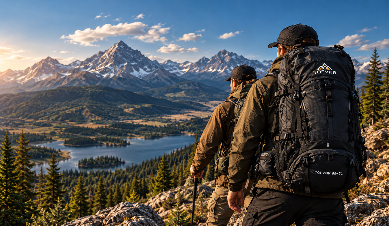 Two backpackers on a mountain trail above a lake and snowy peaks at sunset