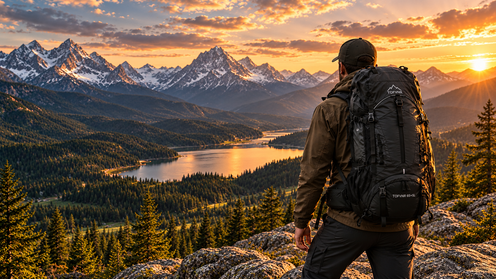 Hiker carrying a backpack beside an alpine lake and mountains at sunset